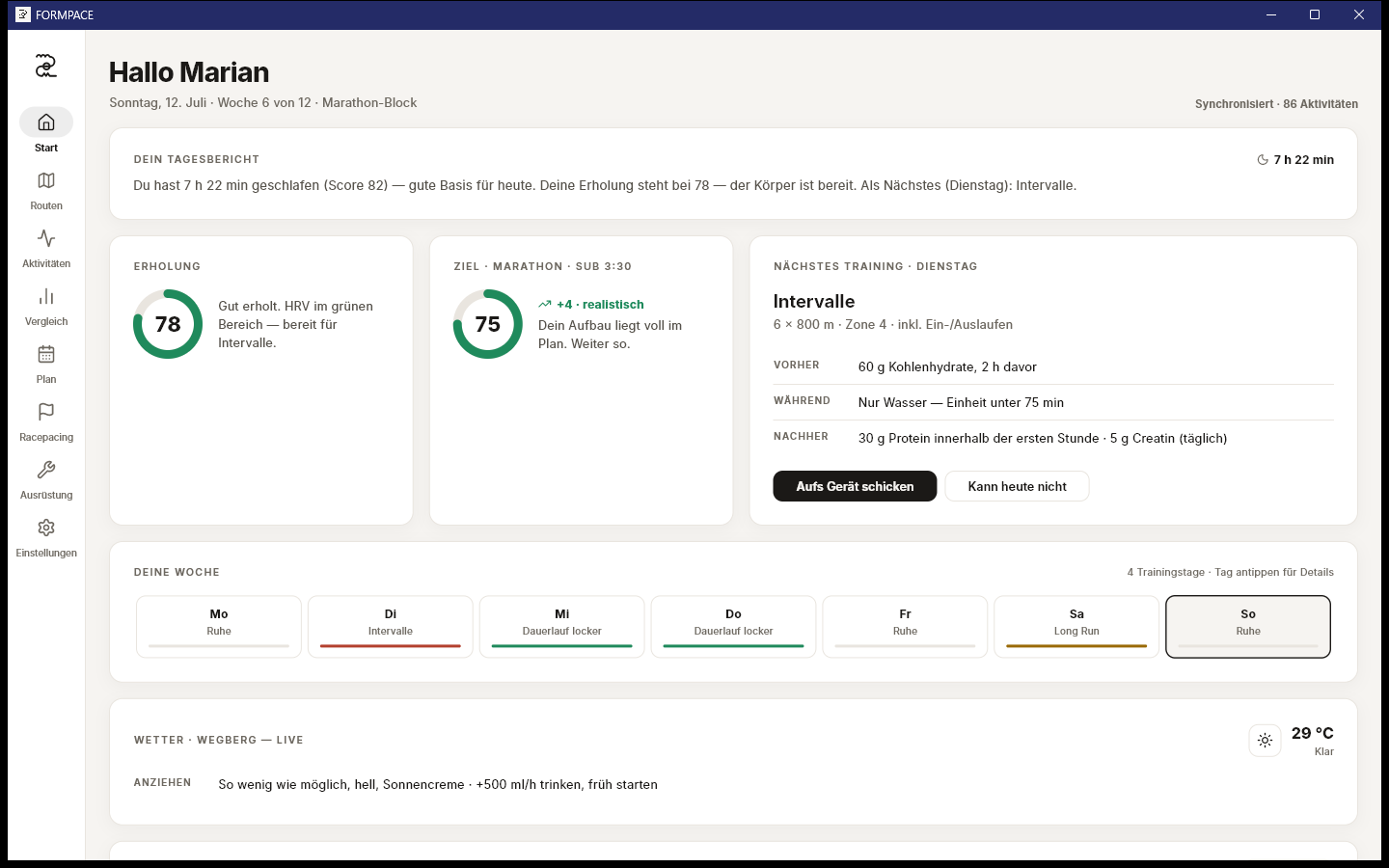 FORMPACE Startseite: Tagesbericht, Erholung, Realismus-Score, nächstes Training