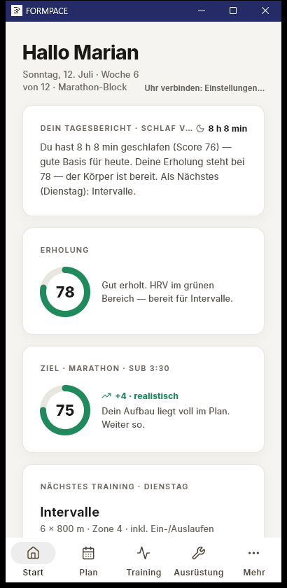 FORMPACE auf dem Handy: Startseite mit Tagesbericht und Bottom-Bar
