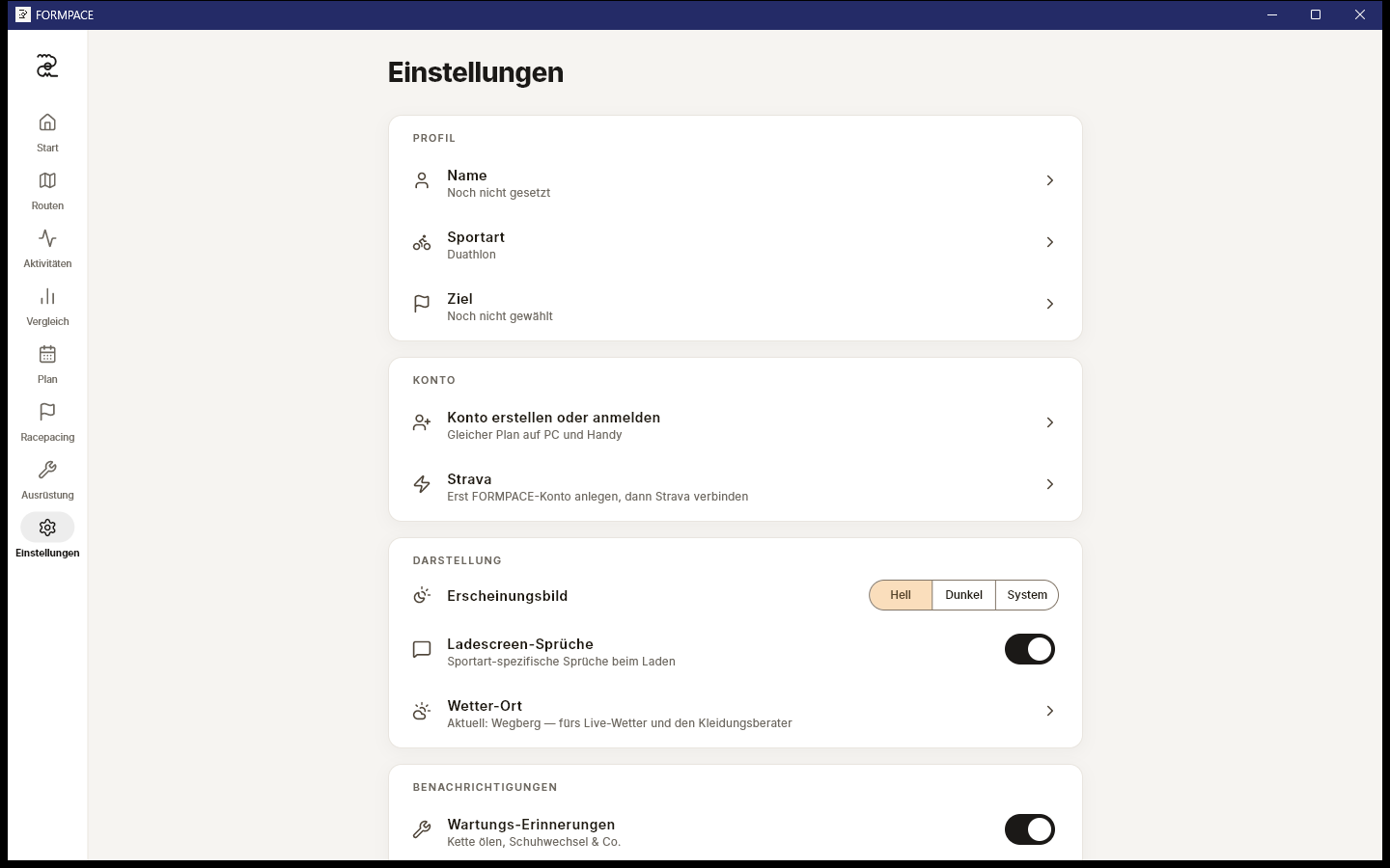 FORMPACE Einstellungen: Profil, Konto, Verbindungen